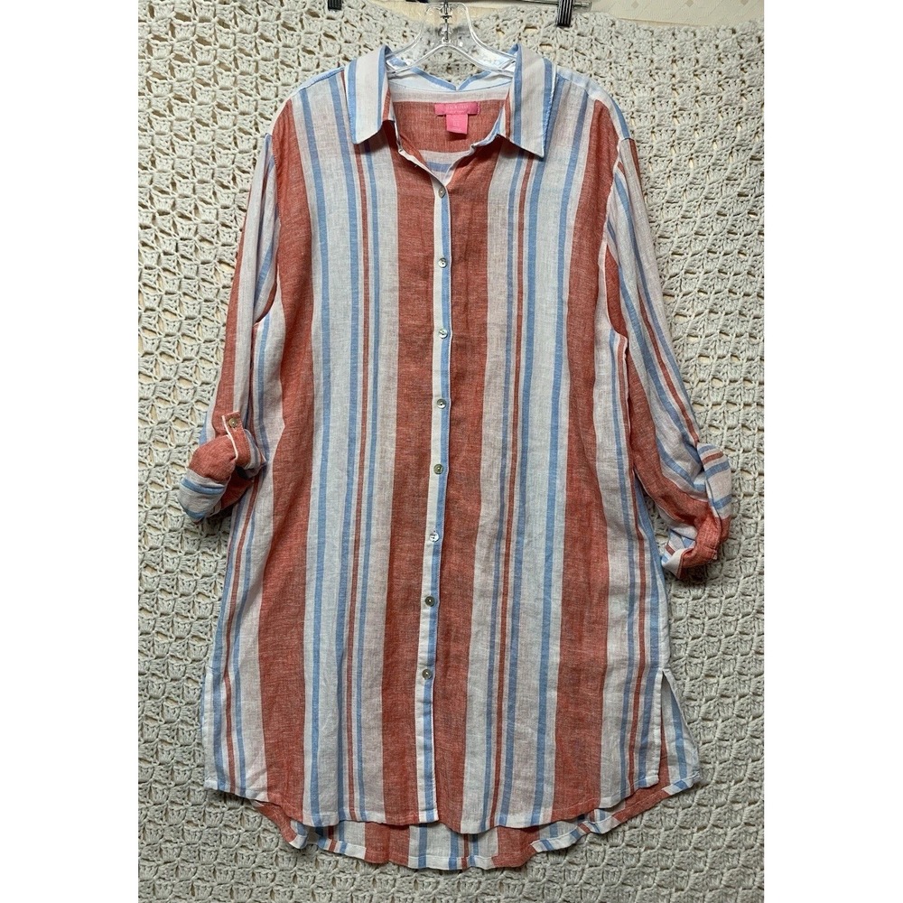 Isaac Mizrahi Tunic Top Women XL Striped Button Front Linen Blend‎ Roll Tab